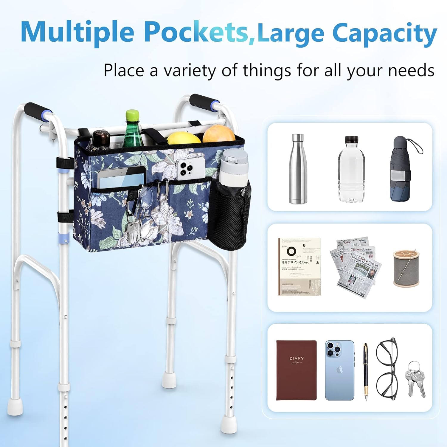 Rhino Valley Walker Bag, Multi Pockets Folding Walker Basket Tote Bag with Cup Holder, Hand-free Carry Pouch Storage Bag for Universal Walkers, Large Capacity Organizer for Seniors Elderly,Blue Cosmos
